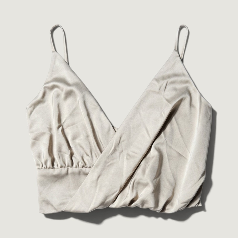 4TH + RECKLESS Satin Wireless Bralette S Beige Ruched Zip Adjustable Straps